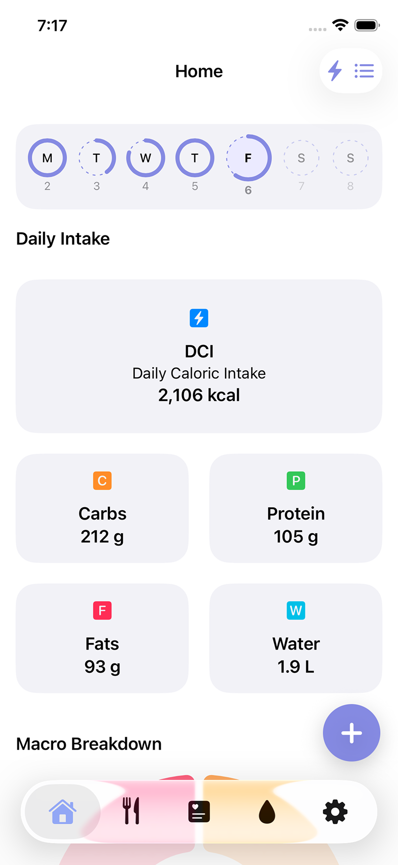 The LEVIK app daily menu with breakfast, lunch, dinner and snacks