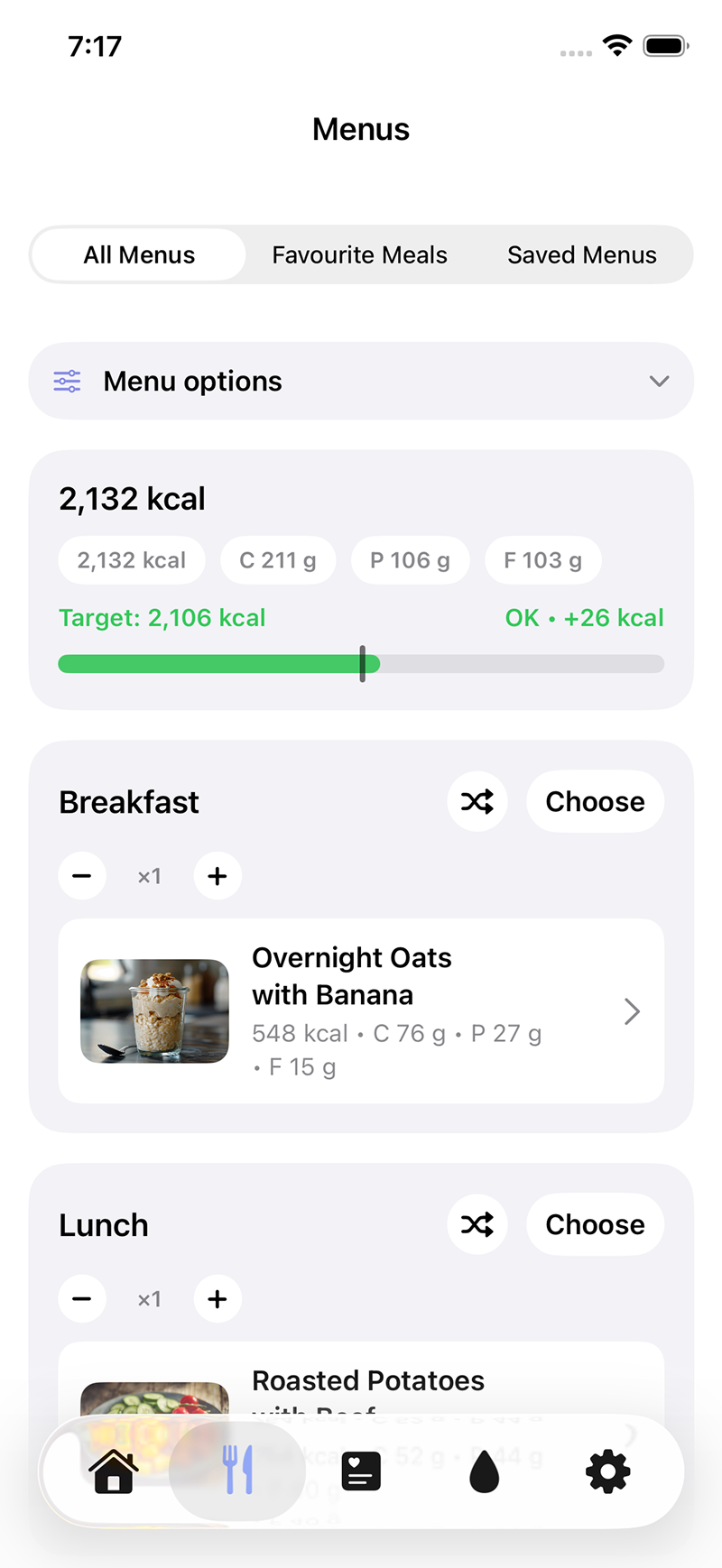 The LEVIK app meal swap screen showing alternative options