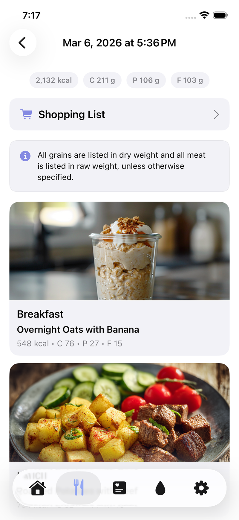 The LEVIK app shopping list generated from the daily menu