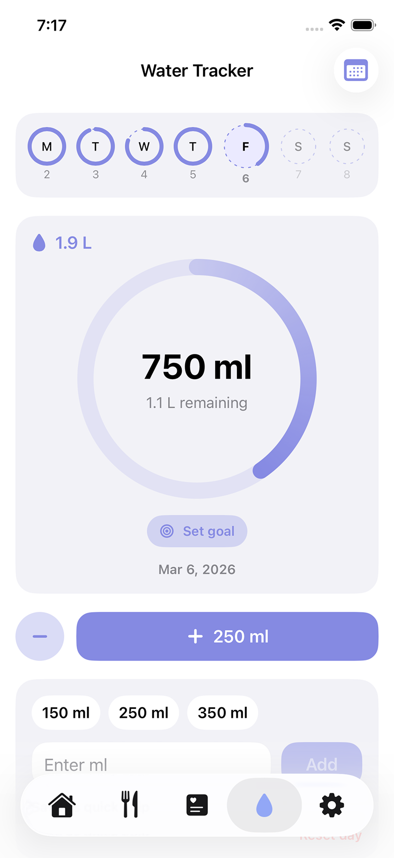 The LEVIK app water intake tracker with personal daily goal